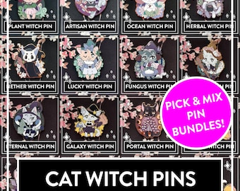 May include: A collection of twelve enamel pins featuring cat characters in various witch-themed outfits and accessories. Each pin is labeled with names like Plant Witch, Artisan Witch, Ocean Witch, and Galaxy Witch. A bright pink circle displays the text PICK & MIX PIN BUNDLES! and the main title reads CAT WITCH PINS.