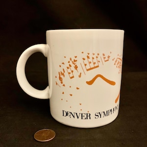 Vintage Coffee Mug DENVER Symphony Orchestra &quot;Encore&quot; Orange Black US Sprint Rare Denver Memorabilia 1980&#39;s - Orchestra Dissolved In 1989