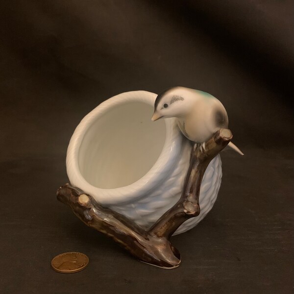 Mid-Century Ceramic Planter Bird w/Light Blue Basket Fukagawa Seiji Porcelain 1 Chip On Tail 1 Scratch Retro Decor 1950's Made In Japan