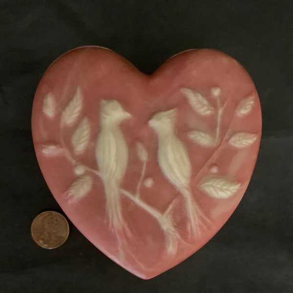 Vintage Trinket Box Heart Shaped Rose Colored Marbled Resin Birds On Branch Eighties Era Vanity/Dresser/Bathroom Decor 1980's American USA