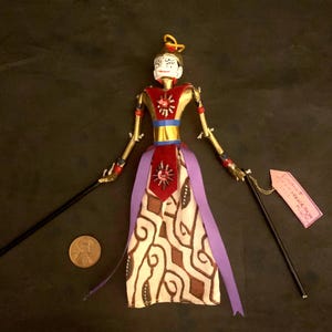 Vintage Indonesian Wayang Golek Rod Puppet, Java Hand Carved Wood Folk Art (1980s)