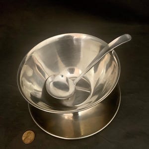 Vintage Stainless Steel Dip / Gravy / Condiment Serving Bowl With Attached Under Plate / Tray Seventies Style Dining 1970&#39;s Japanese Japan