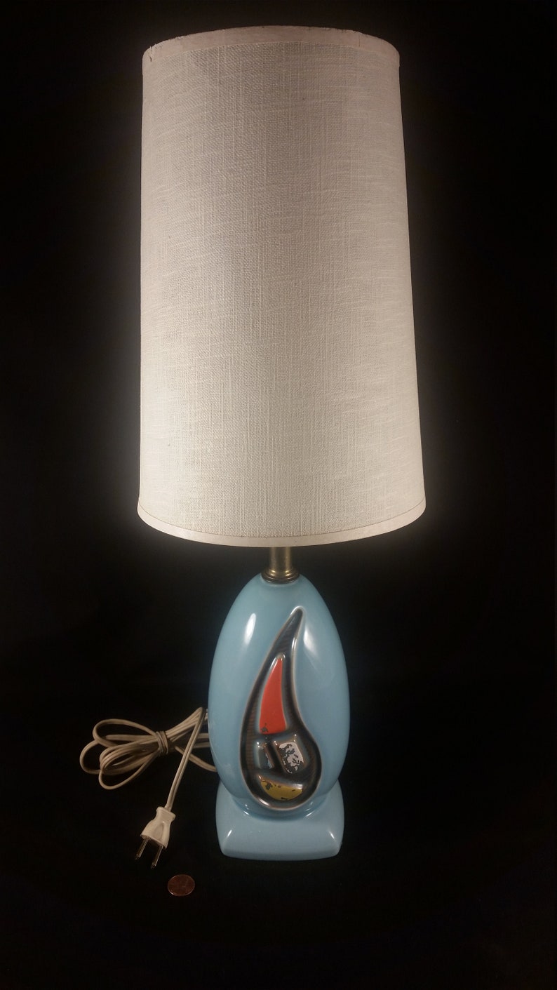 Table Lamp Vintage Mid Century Modern Retro Turquoise Ceramic Abstract Geometric Orange White Yellow Blue Accents Mod Lighting 1960 S