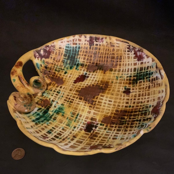 MCM Italian Pottery Decorative Dish w/Handle 9 1/2 Inch Round Bowl Marked Italy 6 Mid-Century Modern Decor Mid Mod 1960's Italian Italy