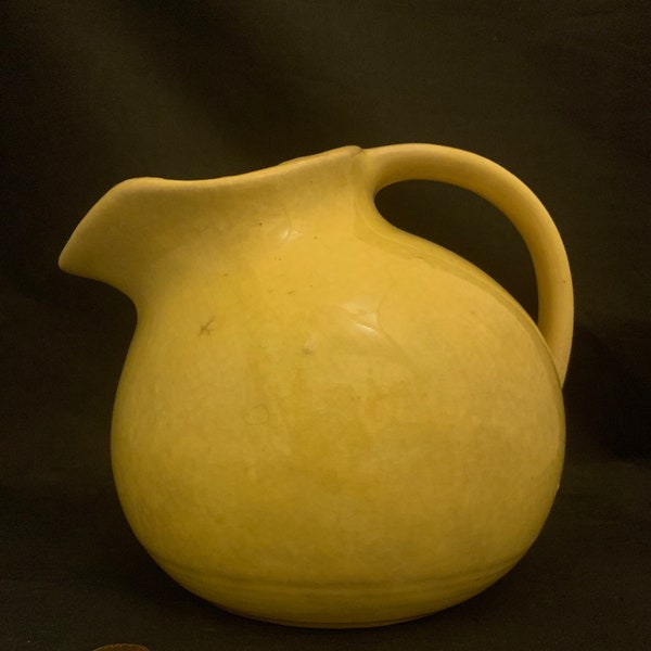 Vintage Pottery Ball Pitcher Unmarked-Crazing-Wear-Imperfections Lemon Yellow Great Piece For Farmhouse/Restaurant Decor 1930's American USA