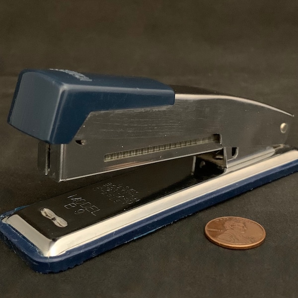 Mid-Century Modern Stapler Manufactured In Japan For Bostitch Classy Industrial Look Silver Navy Blue Mid Mod Office MCM 1960's American USA