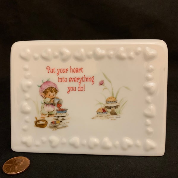 Vintage Elf Shelf/Table Plaque Figurine "Put Your Heart In... Fine Porcelain Signed Tague Eighties Era Hallmark Cards 1980's American USA