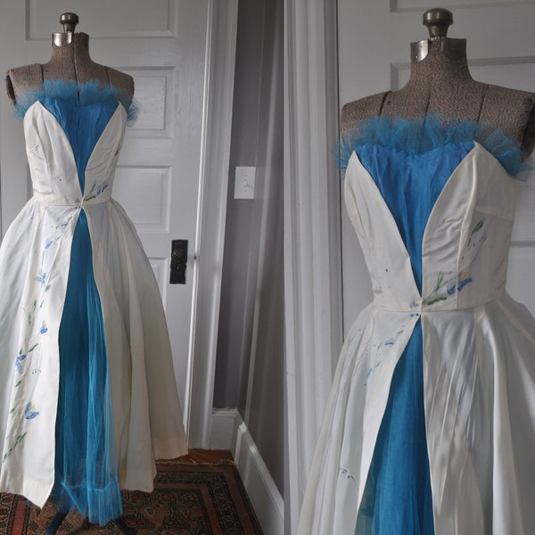 1950s Hand Painted White and Blue Gown with Flowers