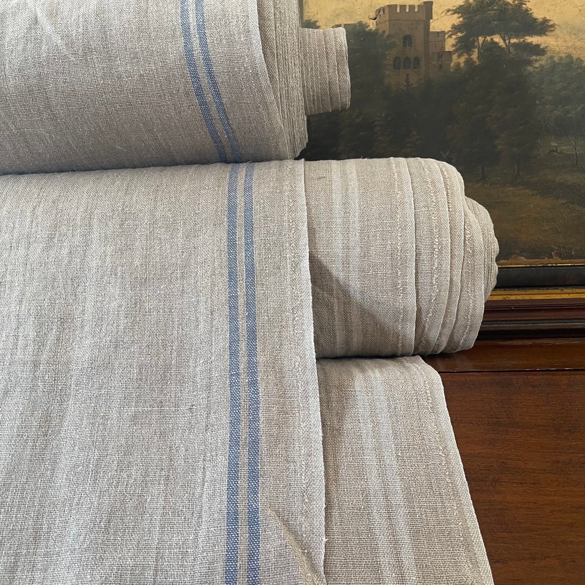 French Linen Striped Fabric Natural / Blue 21 Width for Etsy