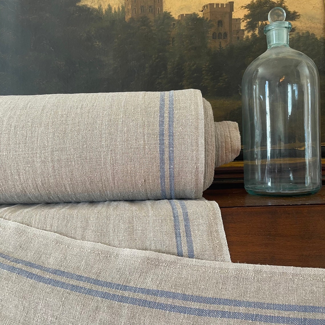 French Linen Striped Fabric Natural / Blue 21 Width for Etsy