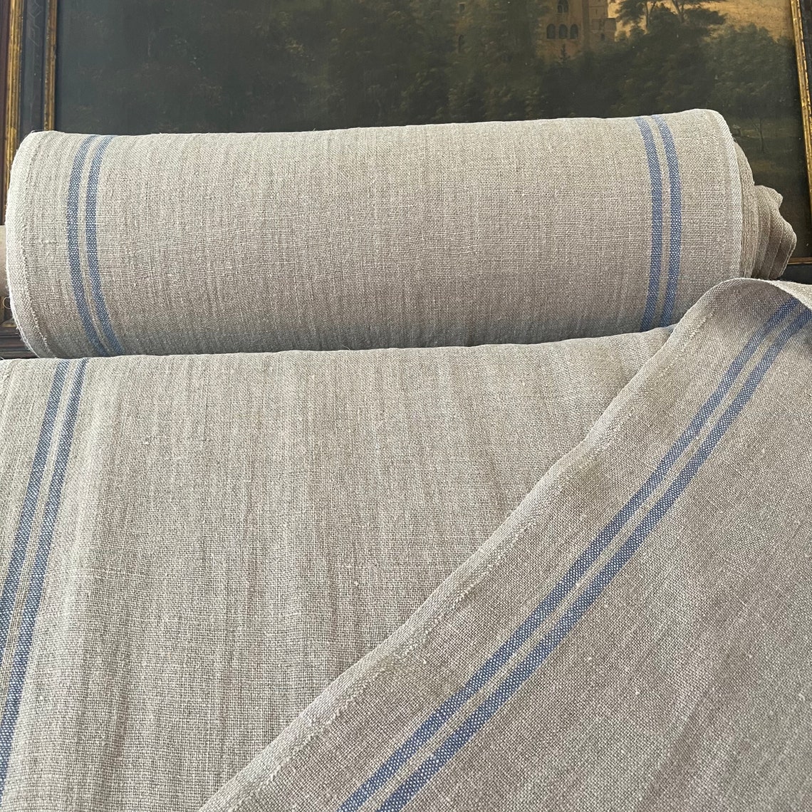 French Linen Striped Fabric Natural / Blue 21 Width for Etsy
