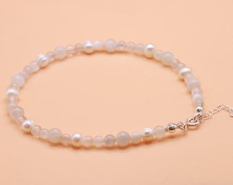 Moonstone Bracelet with pearls on elastic power of feminine energy, Women's necklace and anklet with silver 925 clasp white with grey shade