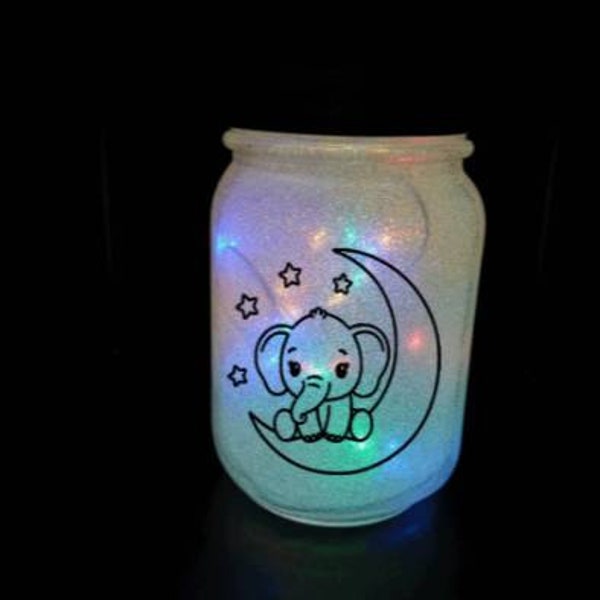 Baby elephant & moon lighted jar/ night light/ nursery/ baby shower