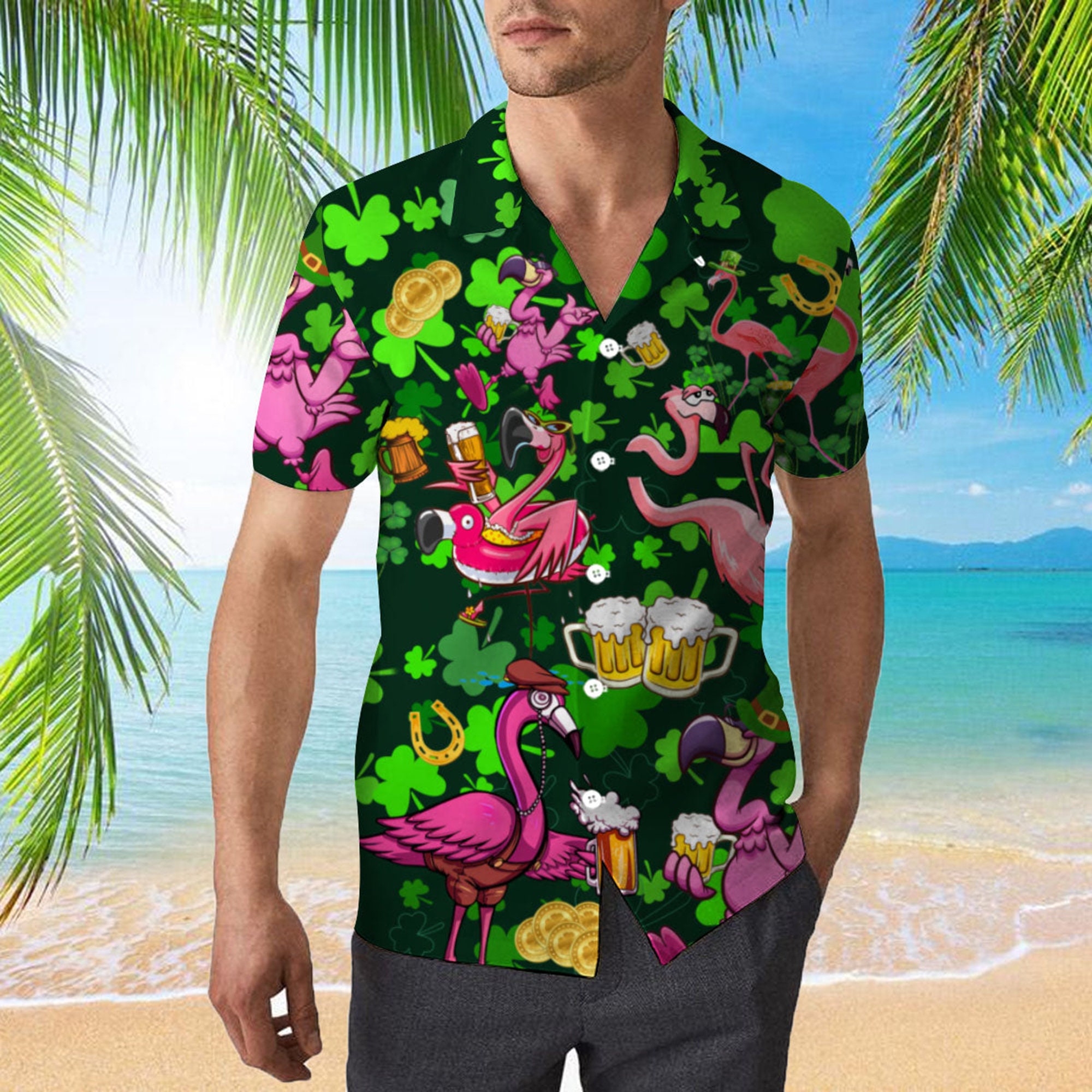 Discover Flamingo And Beer Patricks Day Aloha Hawaiian Shirt, Beachwear shirt