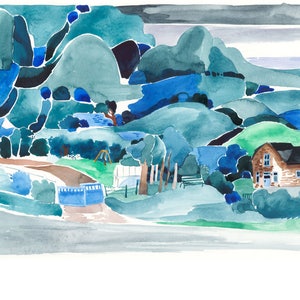 May include: A watercolor painting of a landscape with a blue sky, green hills, and a small town in the foreground. The painting is titled "Topham House, August 1951" and is signed by the artist.