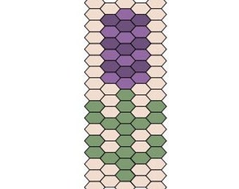 May include: A graphic showing a color guide for a beaded project. The guide includes a vertical pattern in purple, green, and beige hexagonal shapes, and a horizontal pattern. The text "Colour guide per row" is on the right.