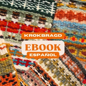 May include: Colorful woven tapestry fabric with a geometric pattern. The fabric is in shades of red, orange, yellow, green, blue, and white. The text "KROKBRAGD EBOOK ESPAÑOL" is printed on the fabric.