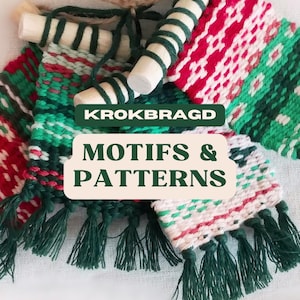 May include: Four small woven wall hangings with green, red, and white patterns. Each hanging has a wooden dowel at the top and green tassels at the bottom. The hangings are arranged in a cluster on a white surface. The text "KROKBRAGD MOTIFS & PATTERNS" is printed in green on a white background.