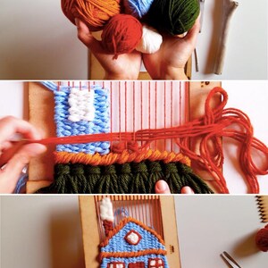 May include: A craft project featuring a wooden weaving loom and colorful yarn. The image shows various stages of weaving, including a finished blue house design with a red door and roof. Balls of orange, blue, green, red, and white yarn are also visible.