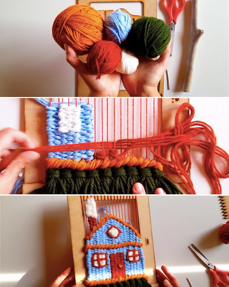 May include: A craft project featuring a wooden weaving loom and colorful yarn. The image shows various stages of weaving, including a finished blue house design with a red door and roof. Balls of orange, blue, green, red, and white yarn are also visible.