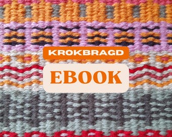 May include: A colorful woven tapestry with a pattern of flowers, waves, and geometric shapes. The tapestry has a label that says "KROKBRAGD EBOOK".