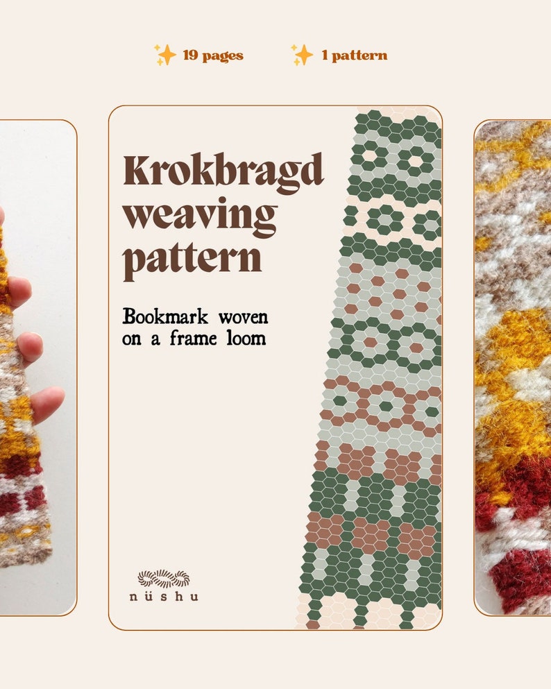 Krokbragd weaving pattern guide Bookmark woven on a frame loom Abstract design motifs Downloadable PDF 39 pages handbook image 1