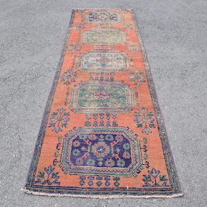 Runner Rug, Turkish Rug, Vintage Rug, Home Decor Carpet, 37x123 inches Red Carpet, Anatolian Corridor Carpet,  7455