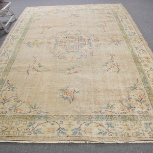 Vintage Rug, Turkish Rug, 6.8x10 ft Large Rug, Oushak Rug, Rugs For Salon, Beige Moroccan Rug, Turkish Salon Rug, Medallion Design Rug, 9971