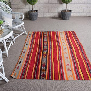 Turkish Kilim Rug, Vintage Area Rug, Striped Kilim, Handmade 4x6ft, Living Room Decor, Red and Orange Rug, Boho Style Carpet