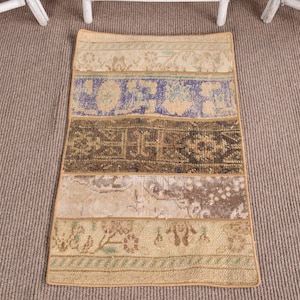 Tapis turc vintage 1,8 x 3,1 pi, tapis patchwork marron en laine