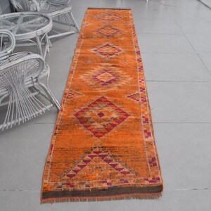 Alfombra de pasillo, alfombra turca, alfombra vintage, alfombra Herki, alfombra naranja de 76 x 350 cm, alfombra orgánica para pasillo, alfombra de escalera hecha a mano, 7088