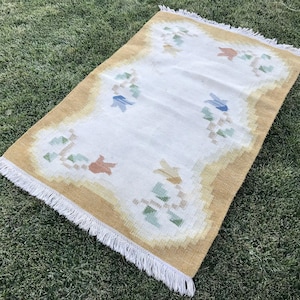 3x4 ft Turkish Kilim Rug, Handmade Oushak Carpet, Vintage Tribal Area Rug, Bohemian Wool Decor, Aztec Style Embroidery