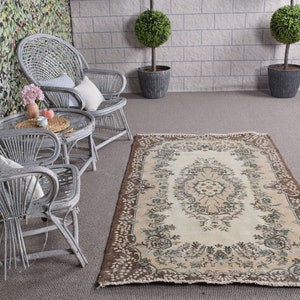 Area Rugs, Vintage Rug, Turkish Rug, Antique Rug, Rugs For Dining Room, 3.9x6.7 ft Brown Rug, Floral Oushak Rug, Boho Area Rug,  10368