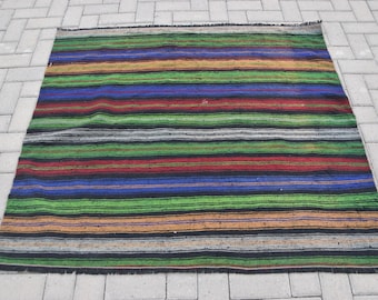 Kilim Turkish Rug, 4.7x4.2 ft Vintage Rug, Green Southwestern Wool Rug
