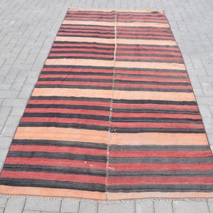 Vintage Turkish Kilim, Striped Area Rug, Handmade Carpet, 4x9 ft Living Room Rug, Red and Black Kilim, Bohemian Style Rug