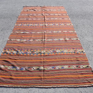 Turks kelimtapijt, handgeweven tapijt, oranje gestreepte kelim, 5 x 11 ft groot tapijt, slaapkamerdecor, Turks tapijt, vloerkleed woonkamer