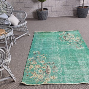 Turkish Rug, Area Rug, Vintage Rug, Antique Rug, Oushak Rugs, Rugs For Kitchen, 3.7x6.6 ft Green Rug, Floral Rugs, Vintage Area Rug,  10502