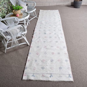 Turkish Vintage Rug, 2.8x11.8 ft Kilim Rug, White Blue Patchwork Rug