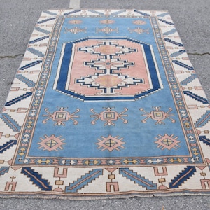 Vintage Blue Turkish Area Rug, Handwoven 5x8ft, Geometric Pattern, Pink and Blue Accents, Home Décor Carpet, Bohemian Style