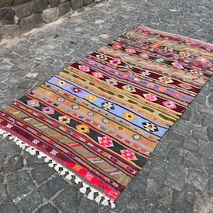 Vintage Kilim Rug, Turkish Handmade Carpet, 4x8ft, Colorful Striped Area Rug, Bohemian Home Decor, Traditional Wool Floor Mat