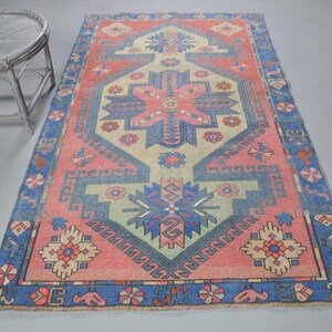 Vintage Turkish Rug, 5x8ft Handmade Carpet, Floral Design, Indoor Area Rug, Living Room Decor, Pink Blue Accent Rug, Unique Home Decor