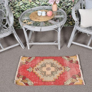Kleiner Teppich, Vintage Teppich, Türkischer Teppich, Oushak Teppich, Vorleger Für Den Eingang, 40 x 70 cm, Roter Teppich, Türteppich, Wollteppich, Badematte, 10544