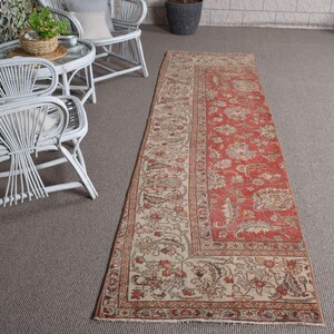 Vintage Rug Runner Turkish Anatolian 3x10 ft Red Wool Handmade Hallway Decor Oriental Floral Oushak Bohemian Kitchen Carpet