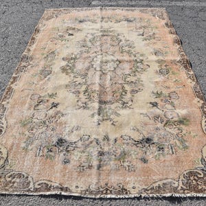 Vintage Turkish Rug, Elegant Beige and Brown Design, Floral Motifs, Handwoven Area Carpet, 5x9ft, Home Decor, Unique Antique Style
