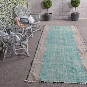 Large Rug, Turkish Rug, Vintage Rug, Oushak Rug, Rugs For Dining Room, 4.1x10.1 ft Blue Rug, Kitchen Rugs, Wool Rug, Gift For Him,  10388