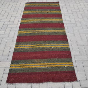 Vintage Turkish Accent Rug, 3x7ft, Red Green Yellow Striped Kilim, Rustic Home Decor, Handwoven Wool
