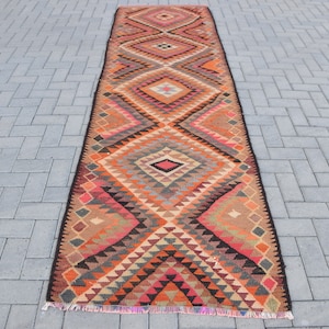 Alfombra Herki, Alfombra turca, Alfombra corredor, Alfombra vintage, Alfombra Oushak, Alfombra naranja de 36x125 pulgadas, Alfombra de escalera tejida a mano, 7878