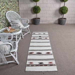 Turkish Rug, Hemp Rug, Vintage Rug, Runner Rug, Oushak Rug, Rugs For Corridor, 2.1x7.4 ft White Rug, Patterned Rug, Striped Stair Rug, 10653
