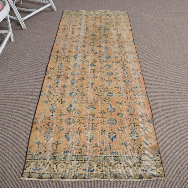 Turkish Rug, Vintage Rug, 3x7 Runner Rug, Floral Oushak Rug, Rugs For Kitchen, 2.6x7 ft Orange Rug, Handwoven Turkish Rug, Wool Rug Runner,