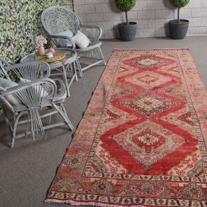 Turkish Rug, Vintage Rug, Large Rug, Anatolian Rug, Rugs For Living Room, 4.4x10.8 ft Red Rug, Kitchen Rug, Large Oushak Rug,  10476